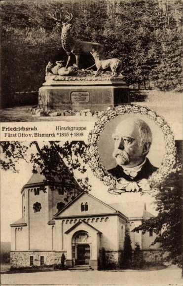 Ak Friedrichsruh Aumühle in Lauenburg, hertengroep, cryptekapel, portret van Bismarck