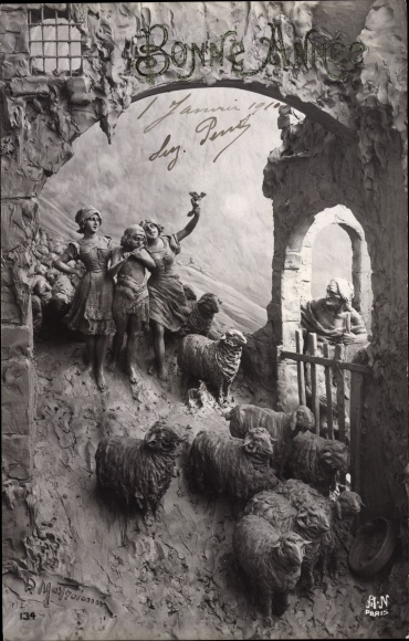 Artist PC Mastroianni, Domenico, Happy New Year, children, sheep, heath