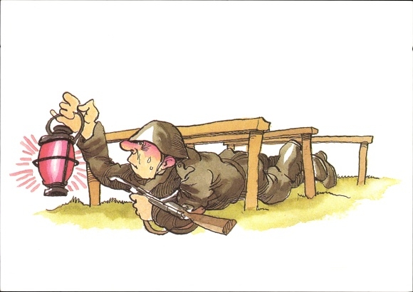 Artist Postcard Muzeniek, Peter, NVA soldier during field exercise, lantern, military trade organization