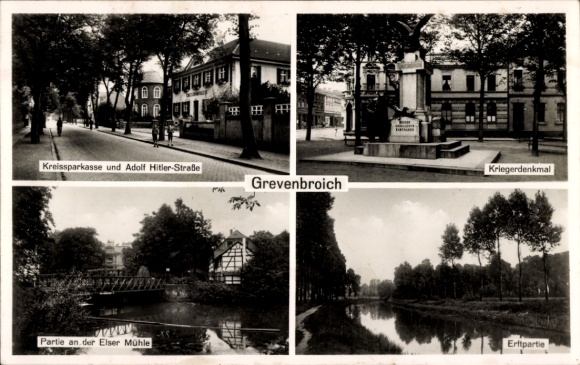 Postcard Grevenbroich in Westphalia, Adolf Hitler Street, War Memorial, Elser Mill, Erft