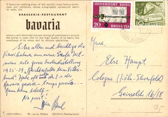 Postcard Geneva Switzerland, advertising Brasserie-Restaurant Bavaria, waiters, guests