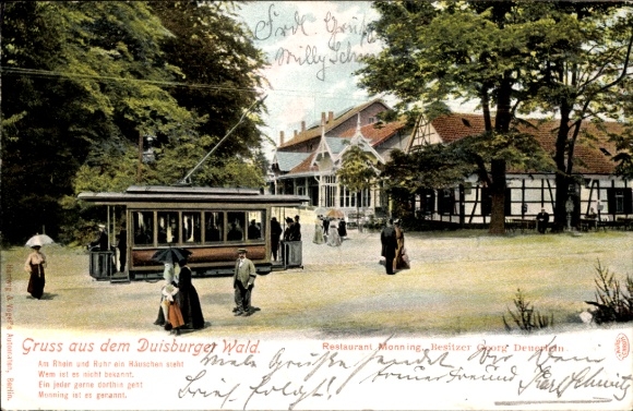 Postcard Duisburg in the Ruhr area, Restaurant Monning, tram