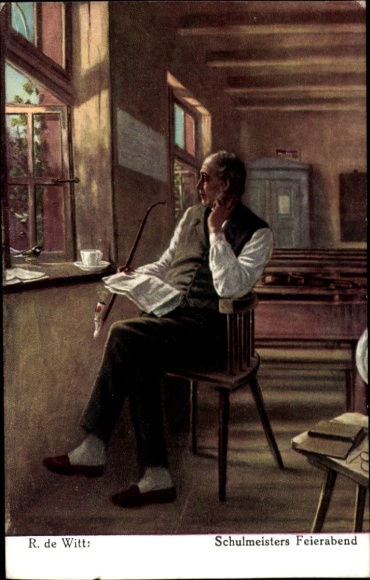 Artist Postcard de Witt, R., Schoolmaster's Evening, Teacher with Pipe at the Window