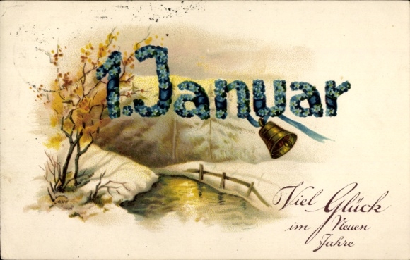 Letters Postcard Happy New Year, January 1st, bell, winter landscape
