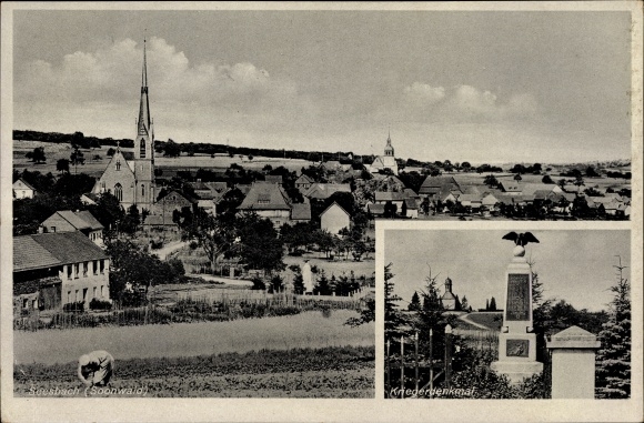 PC Seesbach im Hunsrück, view of town and church, war memorial