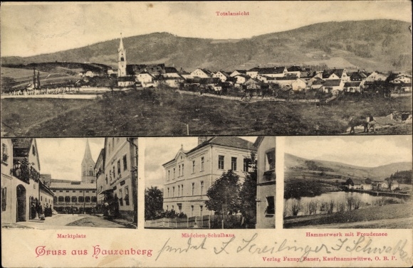 Ak Hauzenberg im Bayerischen Wald, Totalansicht, Hammerwerk mit Freudensee, Mädchenschule