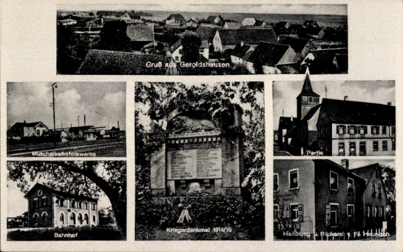 Postcard Geroldshausen Lower Franconia, Muschelkalk works, train station, Heunisch shop, war memorial