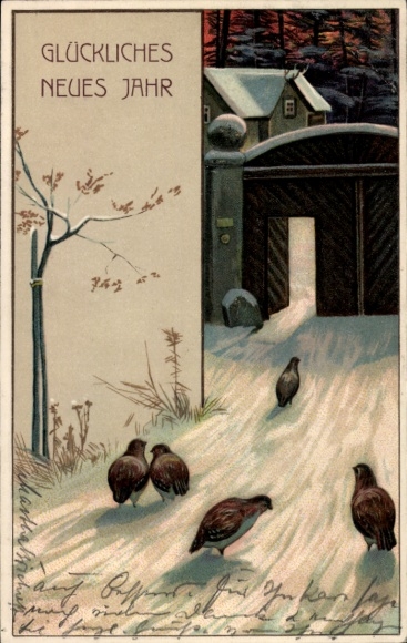 Präge Ak Glückwunsch Neujahr, Perlhühner