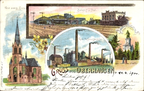 litho Oberhausen am Rhein, Gute Hoffnungshütte, Protestantse kerk, Treinstation, Spoorweg, Postkantoor