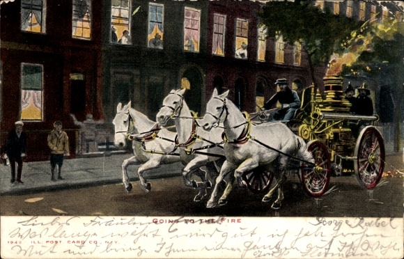 Postcard fire brigade, carriage on the way to a fire