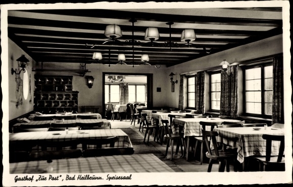 Postcard Bad Heilbrunn in Upper Bavaria, inn and butcher&#39;s shop Zur Post, dining room