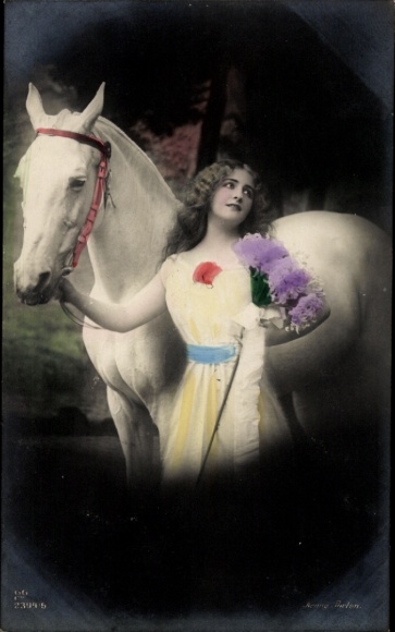 Postcard woman and white horse, portrait, flowers