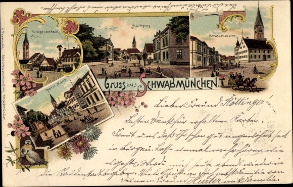 Chromo-Litho Schwabmünchen in Swabia, market square, war memorial, street section, upper market