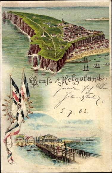 litho Noordzee-eiland Helgoland, overzicht, haven, vlaggen