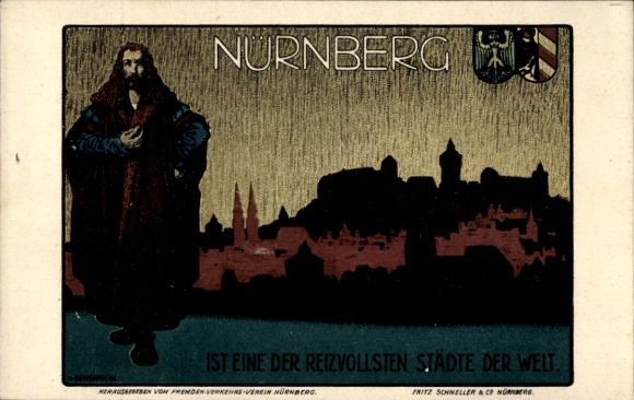 Künstler Ak Nürnberg in Mittelfranken, Silhouette der Stadt, Wappen, Albrecht Dürer