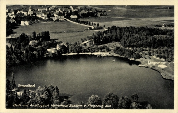 Ak Buxheim in Schwaben, Fliegeraufnahme, Weiherhaus, Strandbad