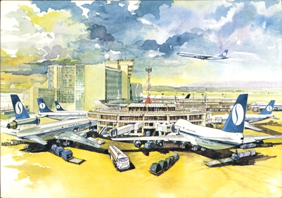 Postcard Bruxelles Brussels, Airport, Sabena, passenger aircraft, Boeing 707, 737, 747, DC 10