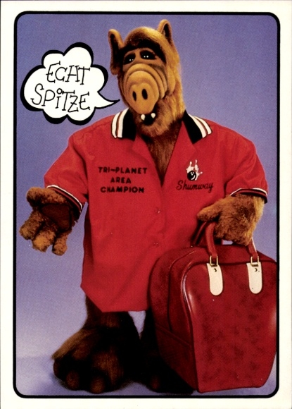 Postcard Really great, Alf with bowling shirt and bowling bag