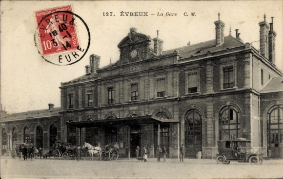 PC Évreux Eure, train station, building, postmark, carriage on the street