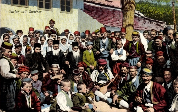 Postcard Bosnia Herzegovina, folk costumes, Guslar with audience