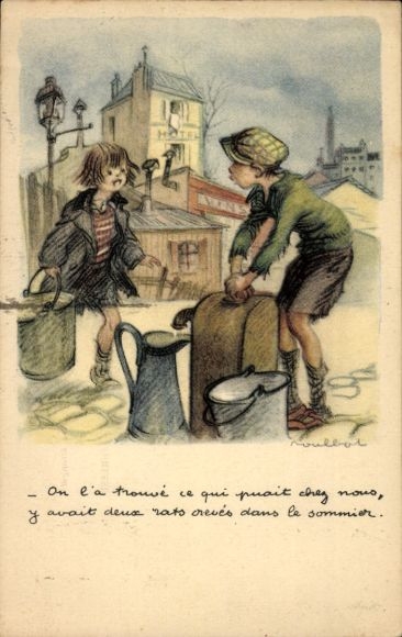 Artist PC Poulbot, Francisque, boy at the water pump, girl with a bucket