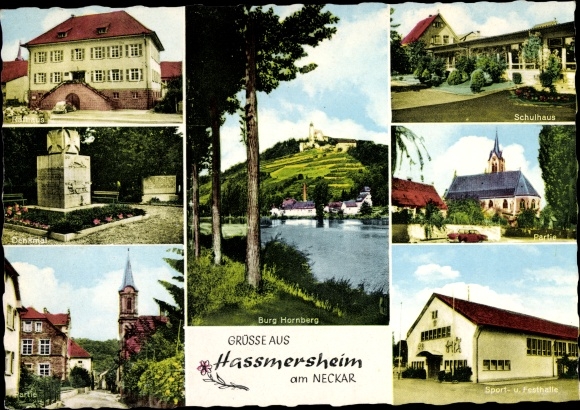 Postcard Hassmersheim Haßmersheim am Neckar, Hornberg Castle, church, school, gymnasium, monument, town hall
