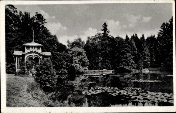 Postcard Ebersdorf in Thuringia, pavilion at the paw pond in the park