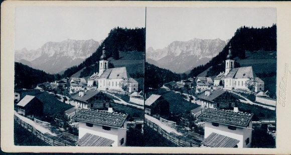Stereo photo Ramsau in Berchtesgadener Land Upper Bavaria, long view, church