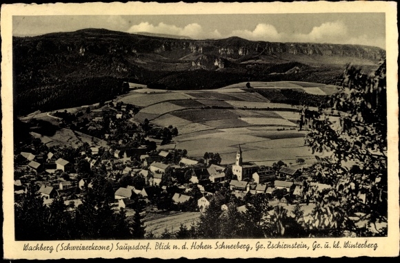 Ansichtkaart Wachberg Saupsdorf Sebnitz Saksen, Zwitserse kroon, uitzicht en Hohen Schneeberg, Gr. Zschirnstein