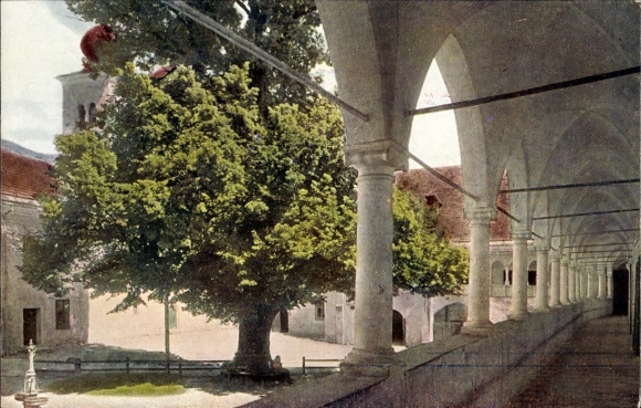 Postcard Millstatt am See Carinthia, monastery, tree, columns, Gurktal Alps