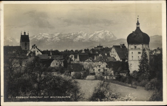 Postcard Bregenz on Lake Constance Vorarlberg, Bregenz Old Town, Säntis Group, mountains in the background