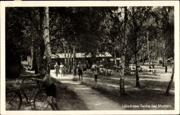 Postcard Machern in Saxony, Lübschützer ponds, visitors, bike