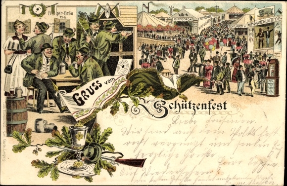 Chromo-Litho greeting from the Schützenfest, festival site, Schützen