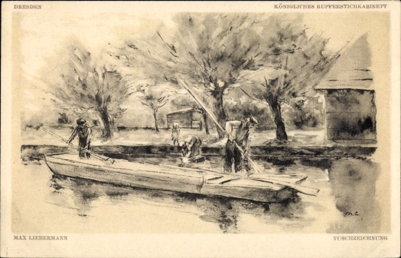 Artist PC Liebermann, Ernst, ink drawing, men in a boat, washerwoman on the shore