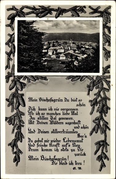 Gedicht Ak Bischofsgrün im Fichtelgebirge, Totalansicht der Ortschaft, Kirche, Tannenzapfen