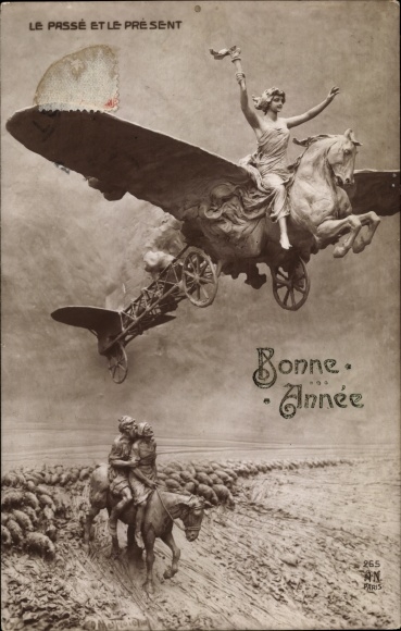 Postcard Happy New Year, Plastic, Le Passe et le Present, Horse, Airplane