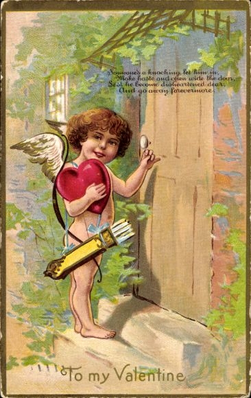 Embossing card Valentine's Day, angel knocking on a door