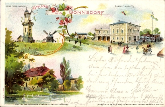 Chromo-Litho Dresden Schönfeld Weißig Gönnsdorf, inn, manor, tower, windmill