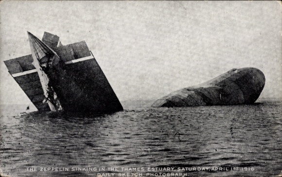 Postcard Zeppelin sinks in the Thames estuary, April 1916