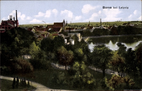Ak Borna in Sachsen, Borna bei Leipzig, Stadtansicht, Fluss, Bäume, Industrie