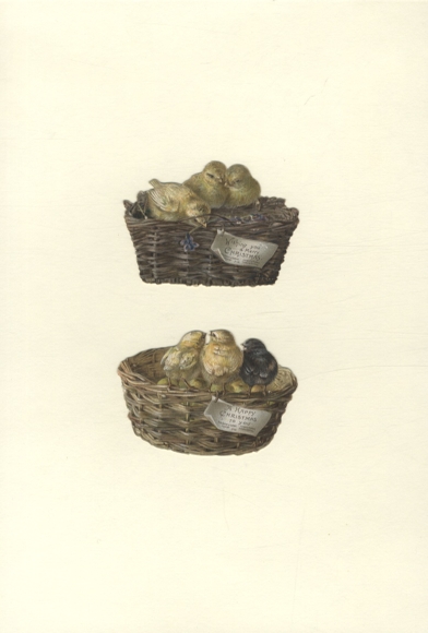 2 pisklęta waflowe w koszyku, życzenia świąteczne, każde o wymiarach ok. 6 x 8,5 cm
