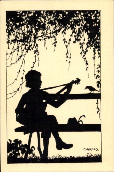 Postcard Altfriedstein Niederlößnitz Radebeul, boy with guitar and bird on a bench in the shade...