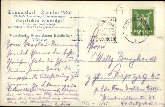 Ansichtkaart Düsseldorf am Rhein, GeSoLei 1926, kavel uit het Beierse Alpendorp