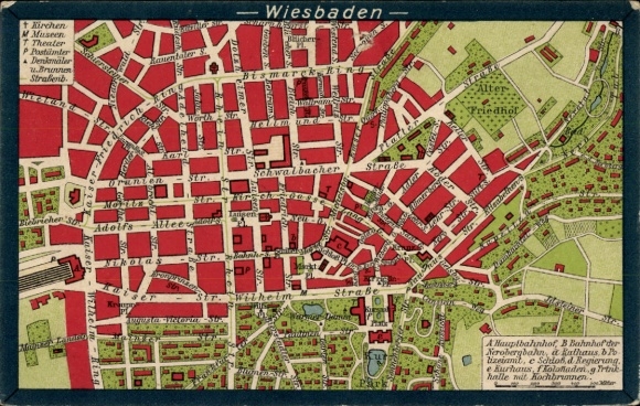 Plan miasta KP Wiesbaden w Hesji, Bismarck-Ring, Wilhelmstraße, Stary Cmentarz, Kurpark