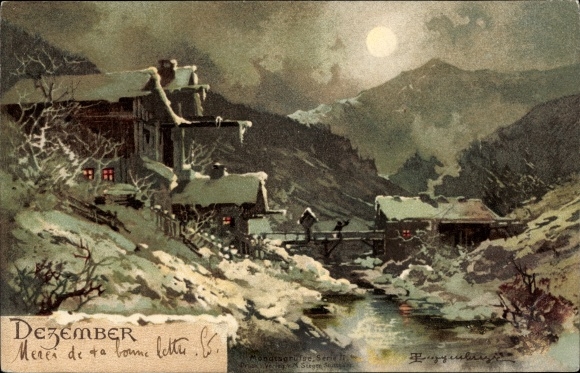 Artist PC Guggenberger, December, winter landscape, house on a river, moonlight