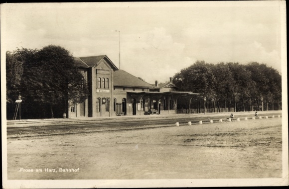 Postcard Frose Seeland Harz, train station, track side