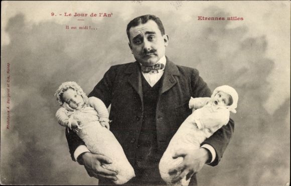 Postcard Man with two babies in his arms