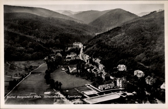 Postcard Bad Bergzabern on the Palatinate Wine Route, swimming pool, sports field, aerial photograph