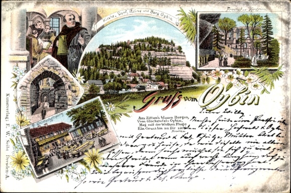 Chromo-Litho Oybin in Saxony, church, village, ruin, mountain Oybin