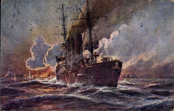 Artist Postcard Stöwer, Willy, SMS Emden bombards Madras, cruiser, Imperial Navy, I. WK
